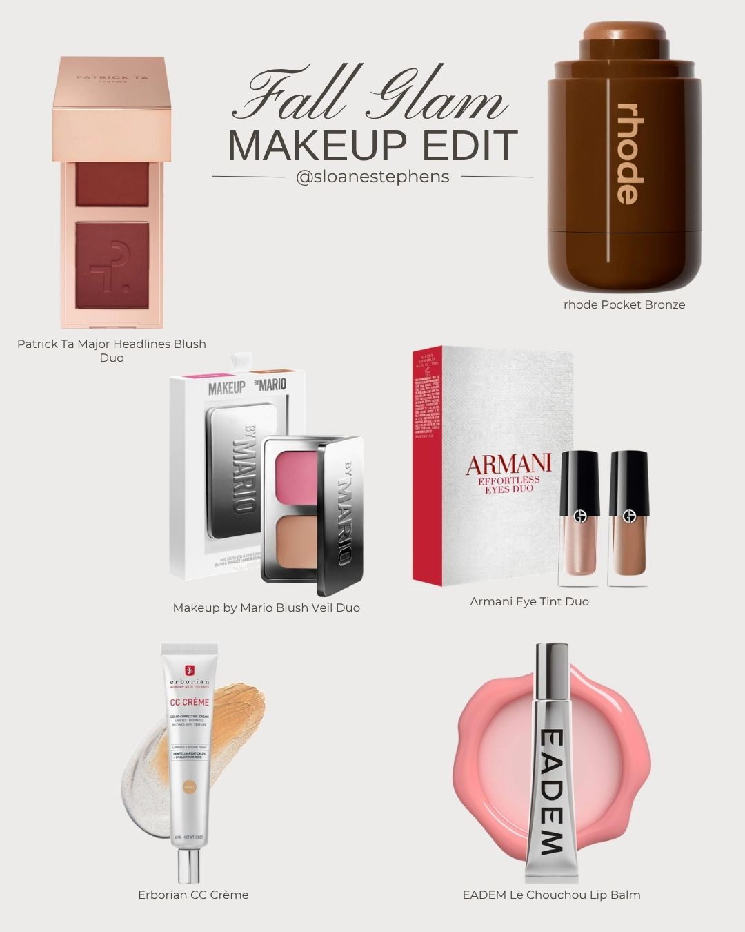 Fall glam, simplified 🍂 The makeup I'm wearing on repeat this season: Patrick Ta blush duo, rhode Pocket Bronze, Makeup by Mario blush, Armani Eye Tint, Erborian CC Crème and EADEM lip balm. #fallmakeup #makeuplook #glowymakeup #makeupfavorites #sephora #beautyfinds

#LTKgrwm #LTKBeauty