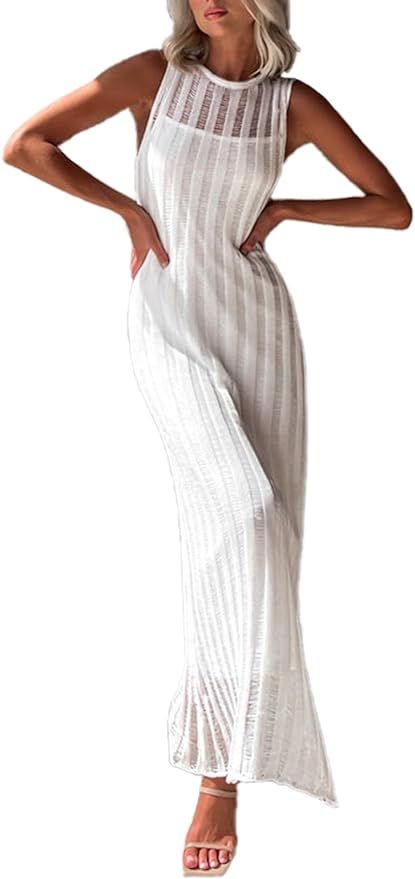 Saodimallsu Womens Crochet Sleeveless Tank Dress Sheer Mesh Maxi Dresses Crewneck Summer Beach Co... | Amazon (US)