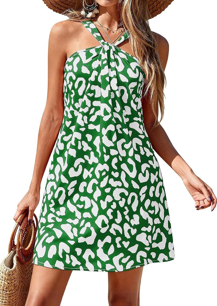 PRETTYGARDEN Womens 2026 Summer Halter Mini Dress Sleeveless Boho Floral Short Sundress Casual Fl... | Amazon (US)