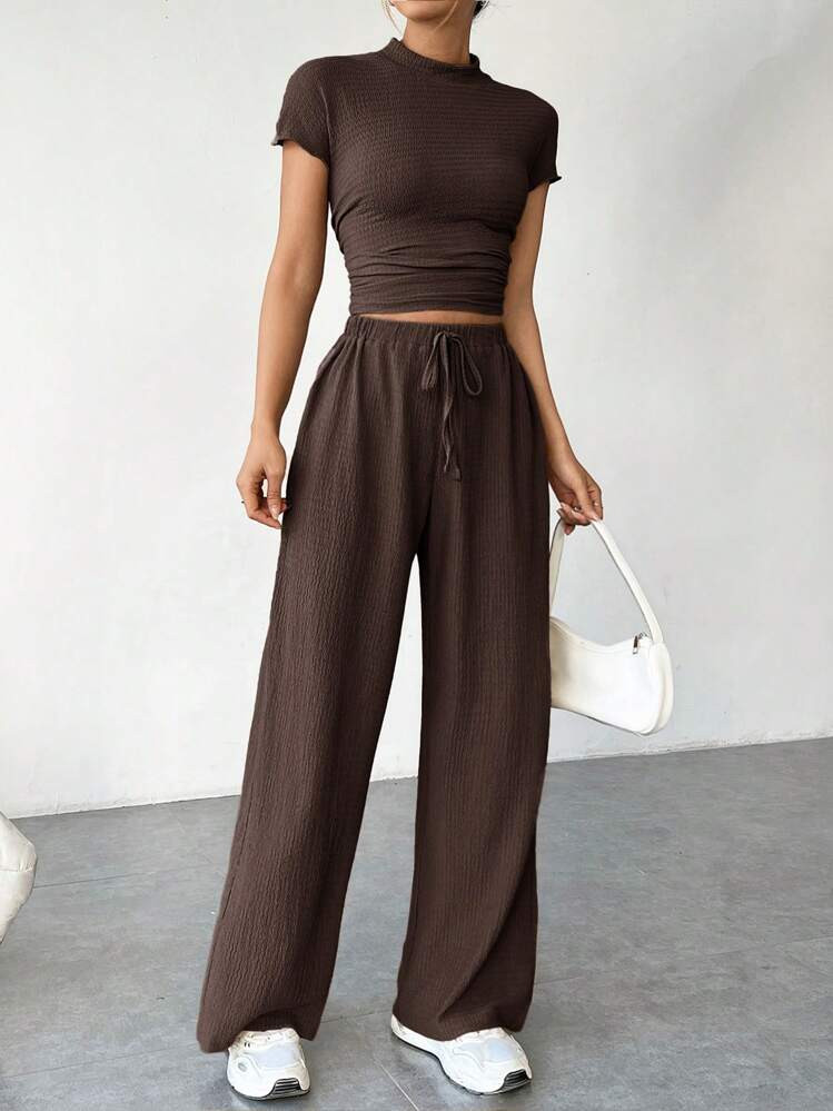 SHEIN EZwear 2pcs Women Casual Solid Color Short Sleeve Top And Pants Set, Spring & Summer | SHEIN