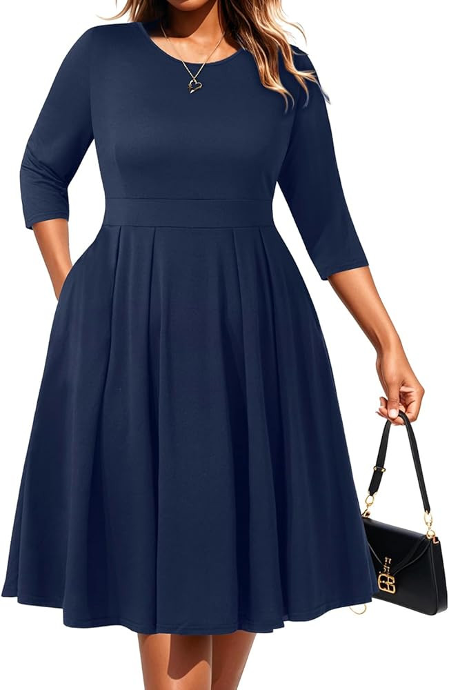 Pinup Fashion Plus Size Work Dresses - Fall Church Office Semi Formal Fit and Flare Midi Dress wi... | Amazon (US)