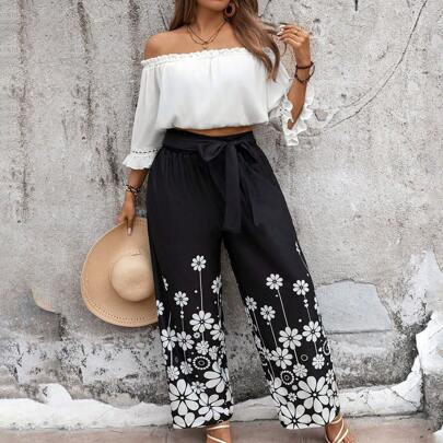 Plus Size Flower Printed Wide Leg Pants | SHEIN