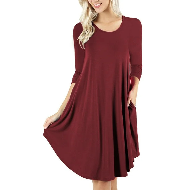 Mengpipi Women's T-Shirt Dresses Long Sleeve Plain Flowy Women Midi Dress with Pocket Red, XL | Walmart (US)