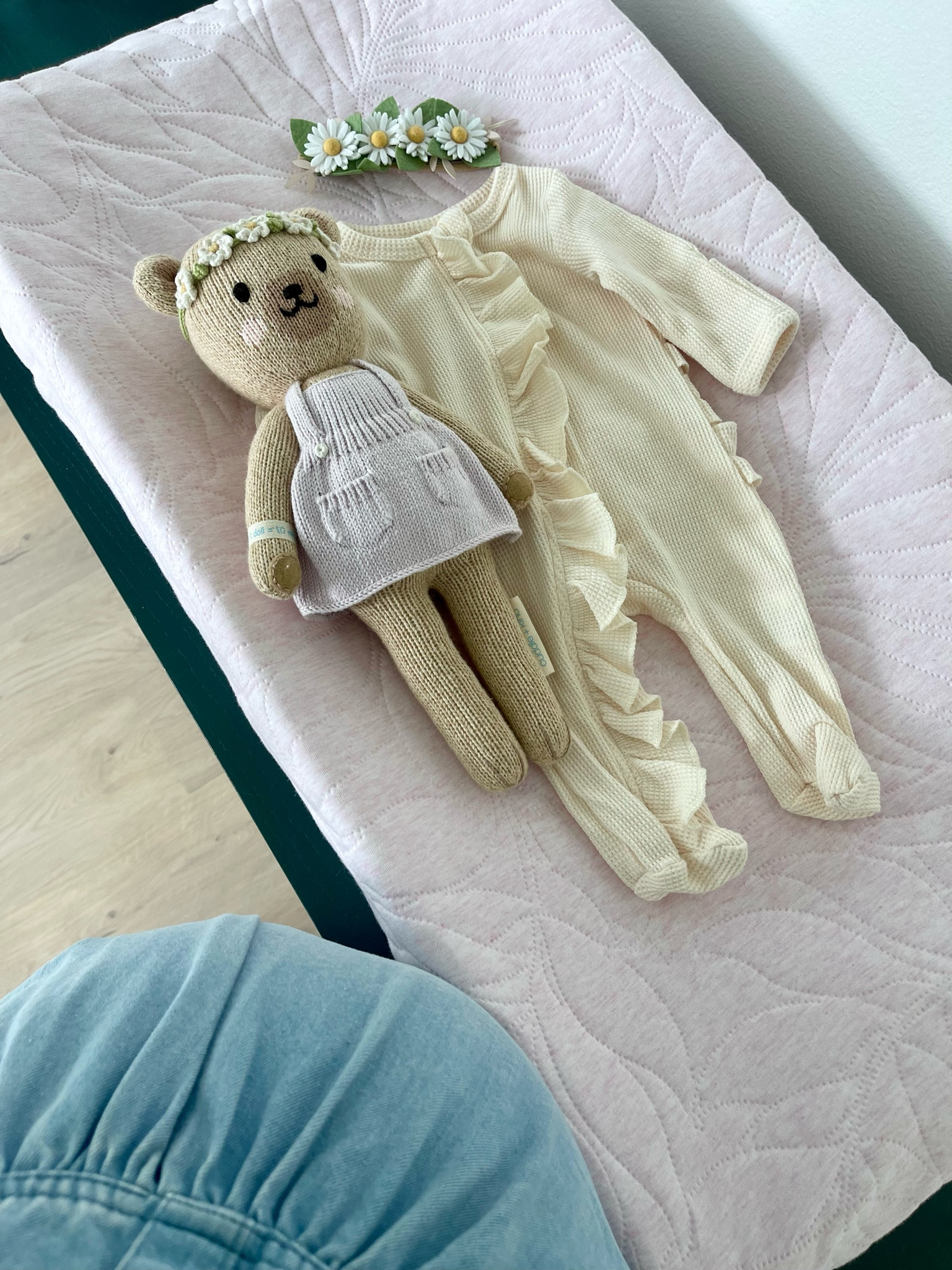 Newborn baby introductory picture outfit and cuddle and kind doll with matching floral headband. Newborn baby, baby girl, baby announcement, monthly baby outfits! 

#LTKKids #LTKBaby #LTKFamily