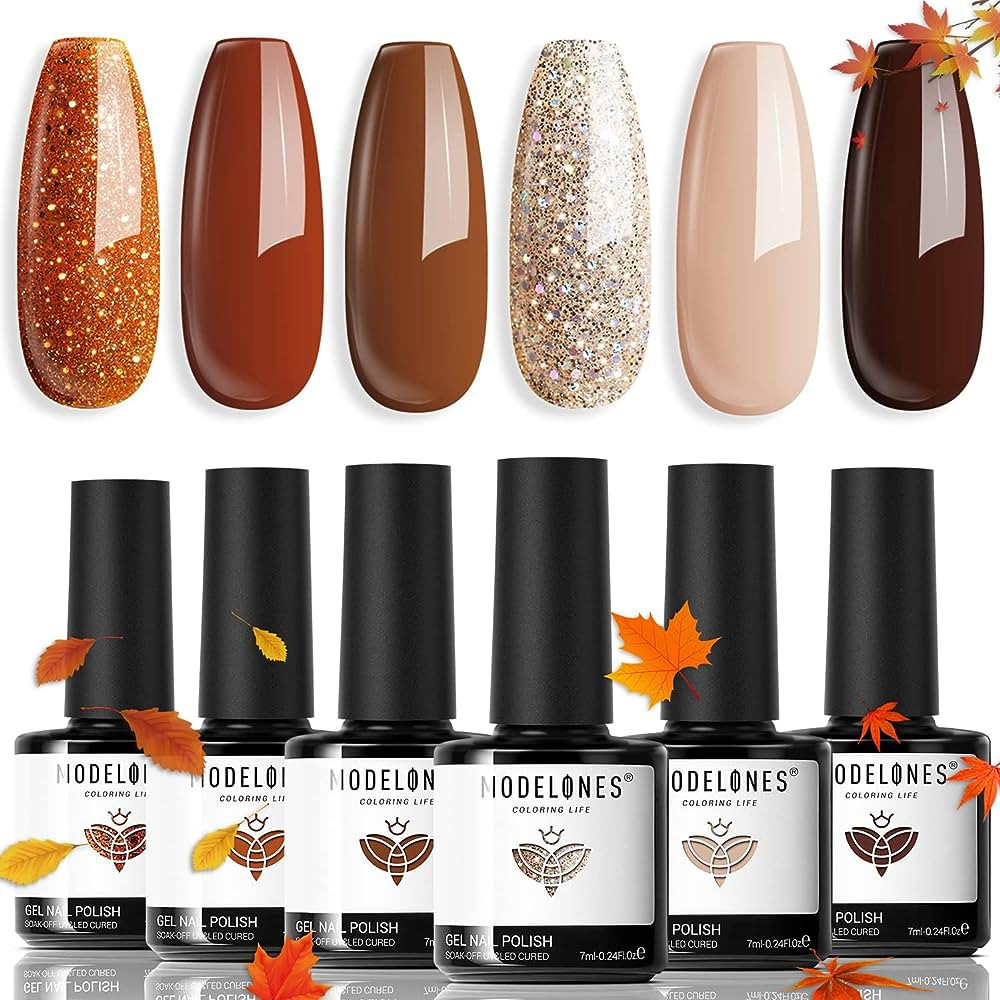Modelones Gel Nail Polish Set, Fall Winter 6 Colors Gel Polish Kit Gold Glitter Brown Nail Polish... | Amazon (US)