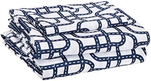 AmazonBasics Kid's Sheet Set - Soft, Easy-Wash Lightweight Microfiber - Twin, Blue Racetrack | Amazon (US)