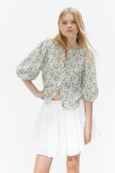 Linen-blend Blouse - Round Neck - 3/4 sleeve - White/floral - Ladies | H&M US | H&M (US + CA)