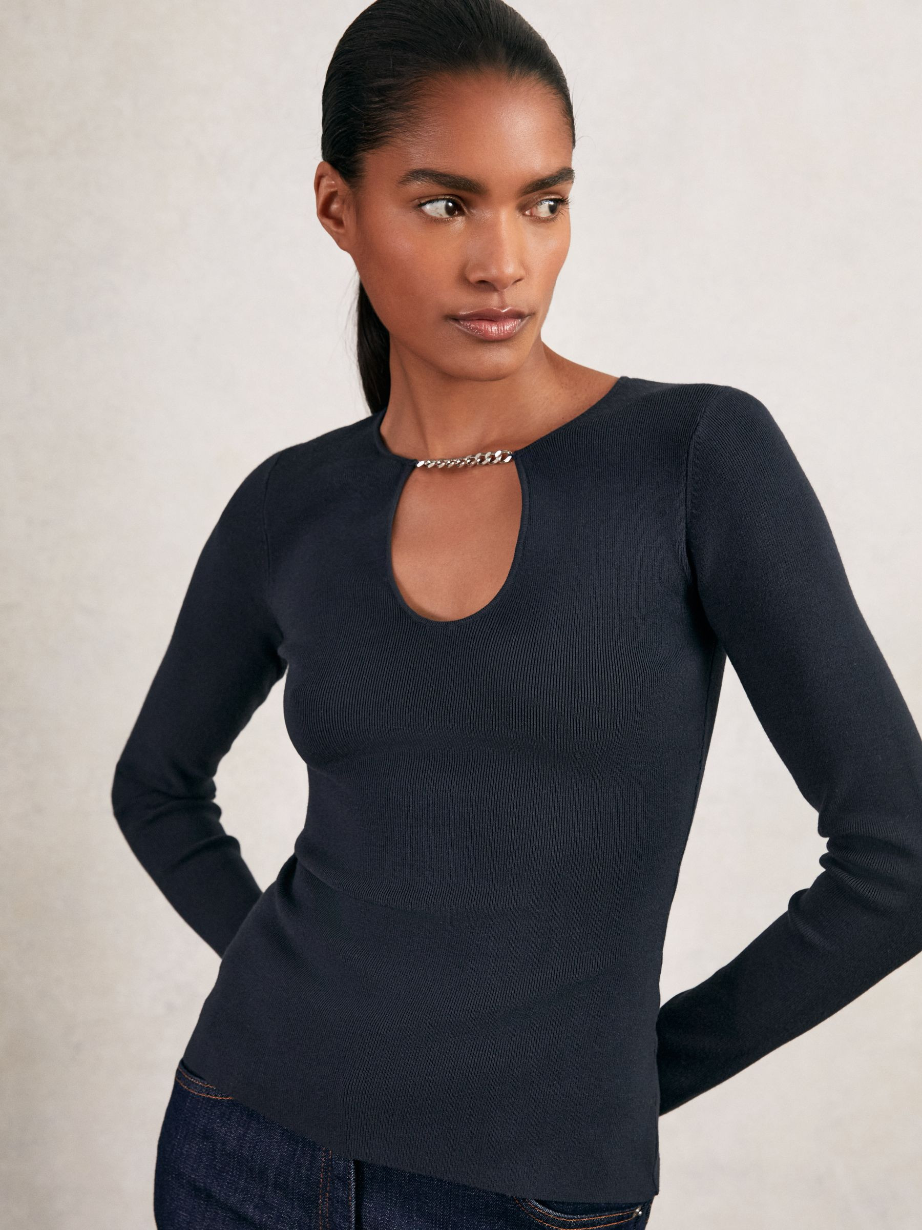 Reiss Chain-Detail Keyhole Knit Top in Navy | REISS | Reiss US