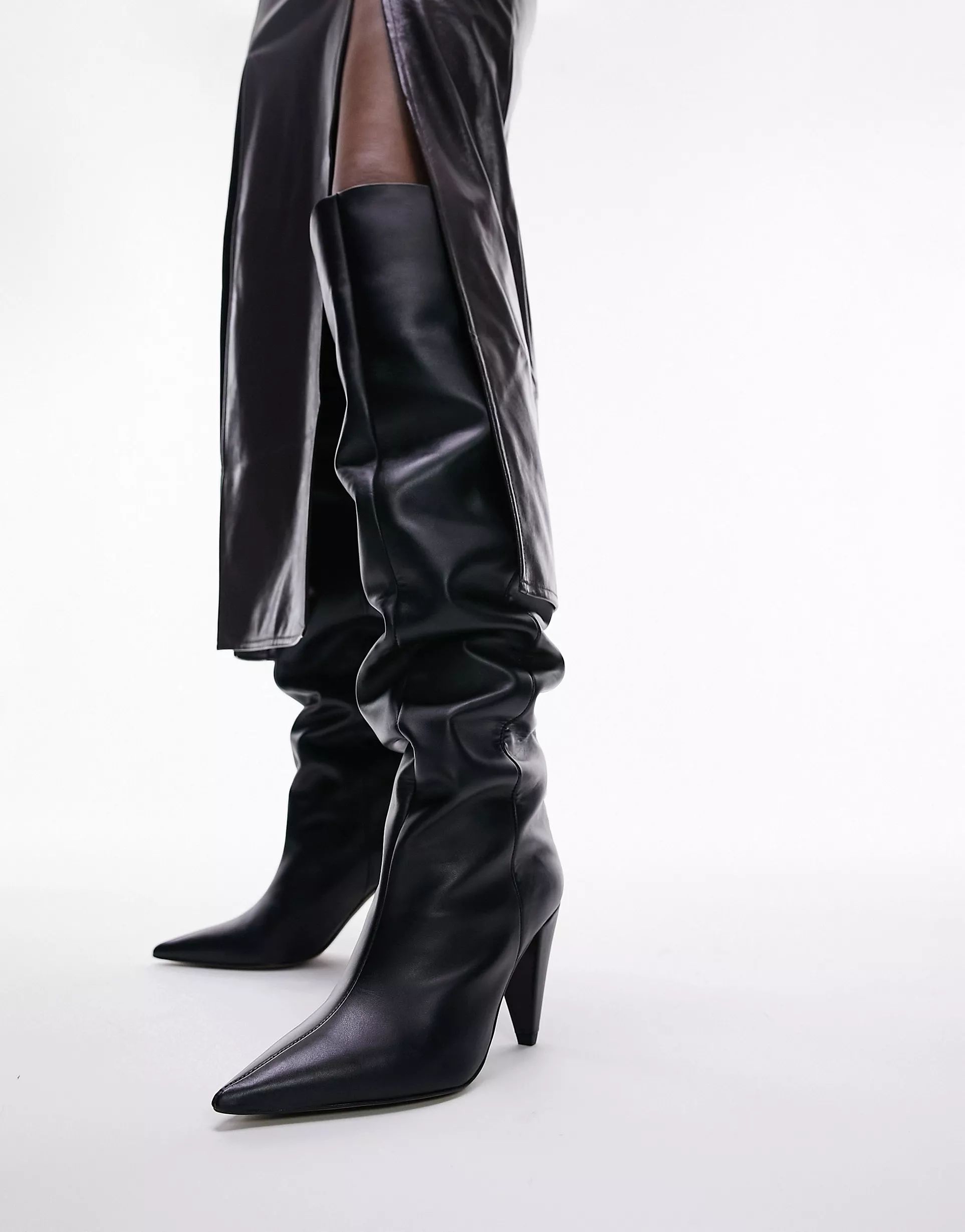 Topshop Wide Fit Tabitha premium leather cone heel knee high boot in black | ASOS (Global)