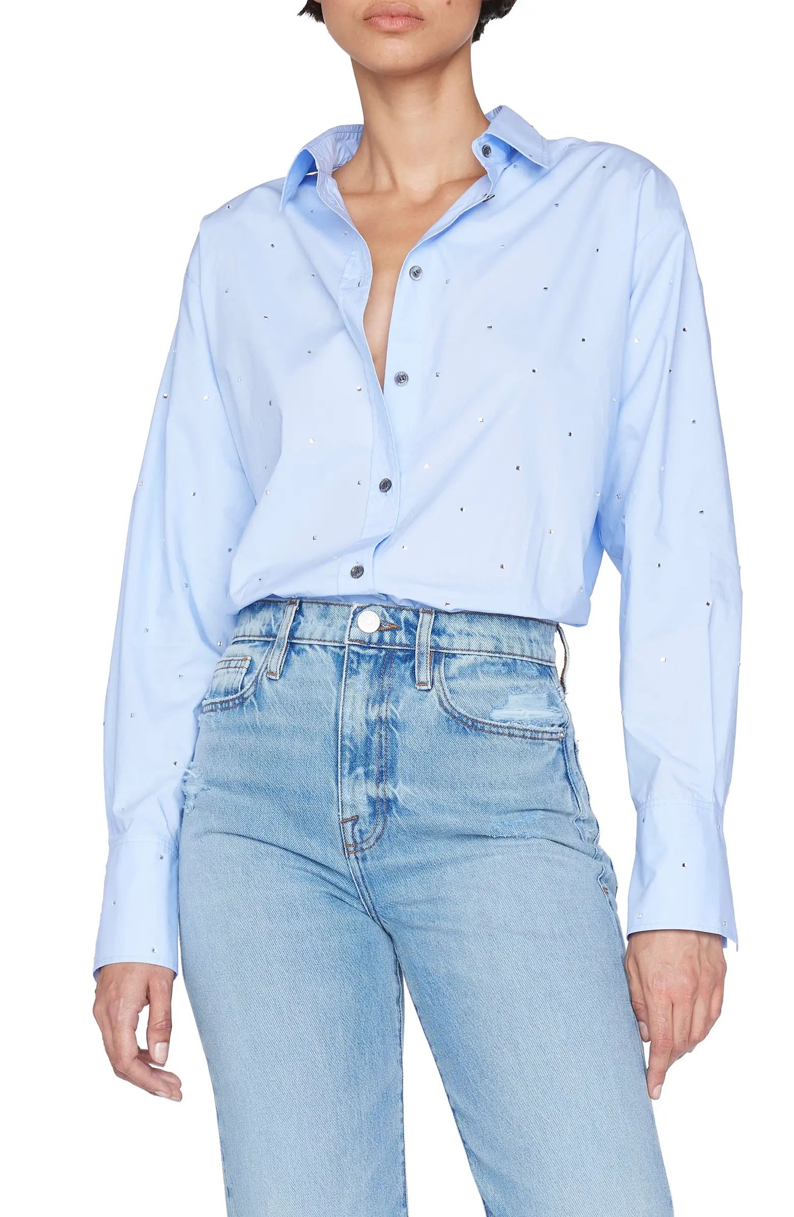 Rhinestone Oversize Organic Cotton Button-Up Shirt | Nordstrom