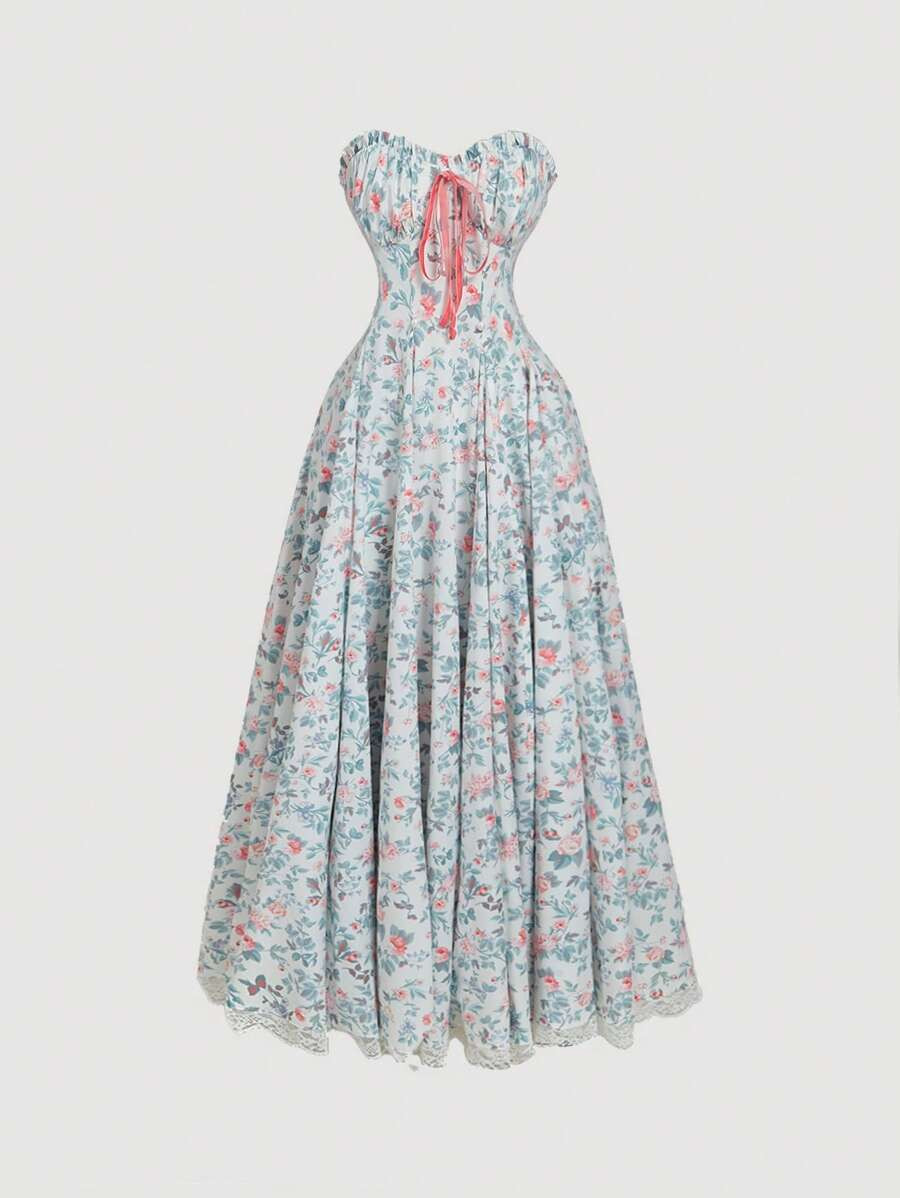 SHEIN MOD Women White Ruffle Tube Ditsy Floral Dress, Long Holiday Dress For Women, Detachable Dr... | SHEIN