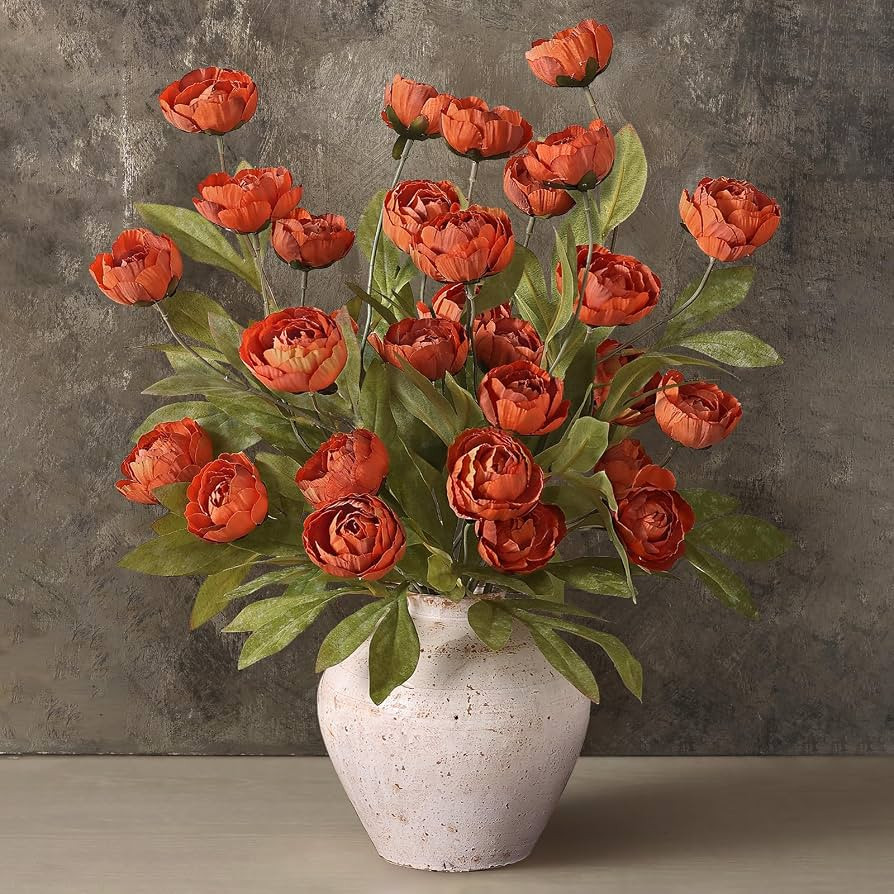6 Pcs 27" Faux Silk Peony Artificial Fall Flowers Stems for Vase (Orange) | Amazon (US)