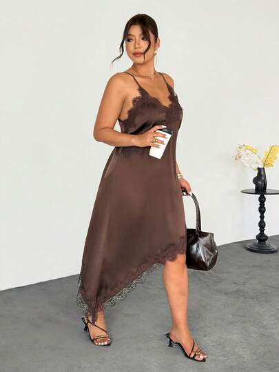 Firerie Plus Size Summer Elegant Solid Color Lace Trim Asymmetric Hem Camisole Dress Spring/Summe... | SHEIN