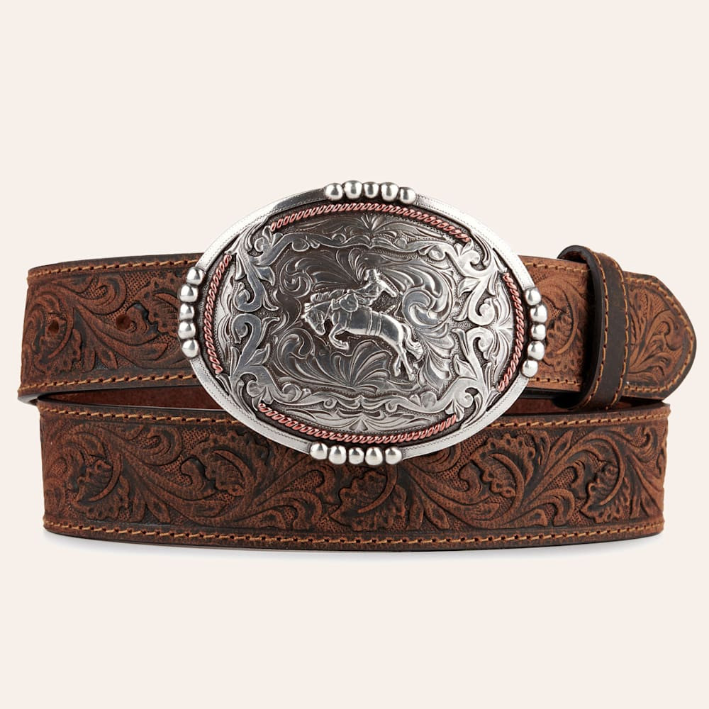 AndWest Men's Brown Tooled with Silver Bronc Rider Buckle Western Belt | Cavender's
