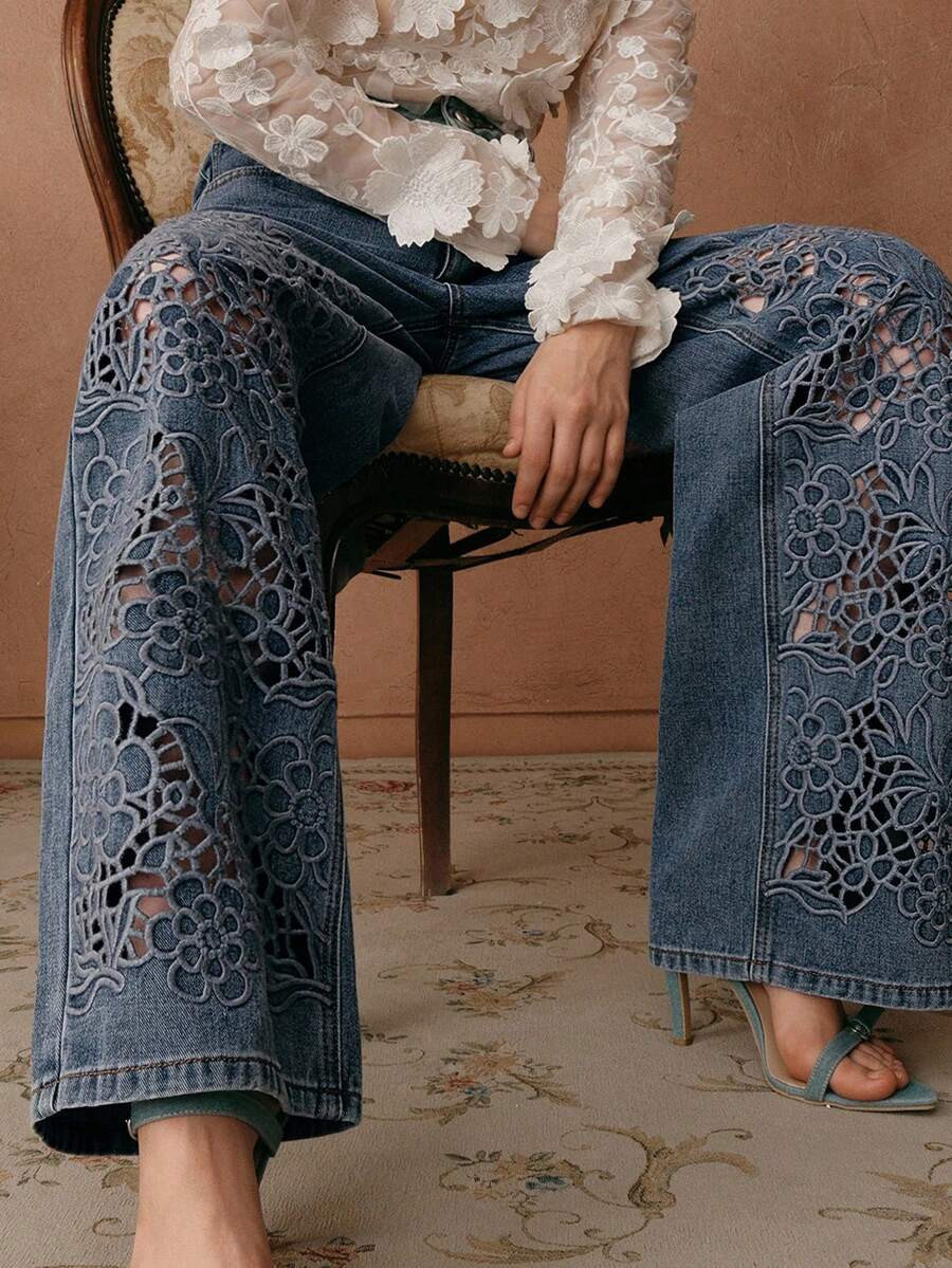 Anewsta Women's Elegant High-Waisted Hollow Embroidered Straight-Leg Jeans, Blue Plus Size Denim ... | SHEIN