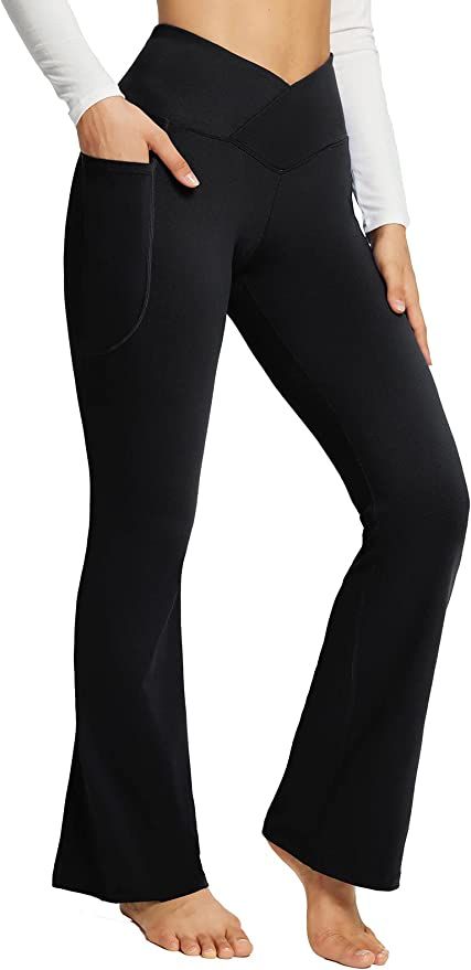 BALEAF Women's Flare Leggings V Crossover High Waist Casual Workout Bootcut Yoga Pants with Pocke... | Amazon (US)