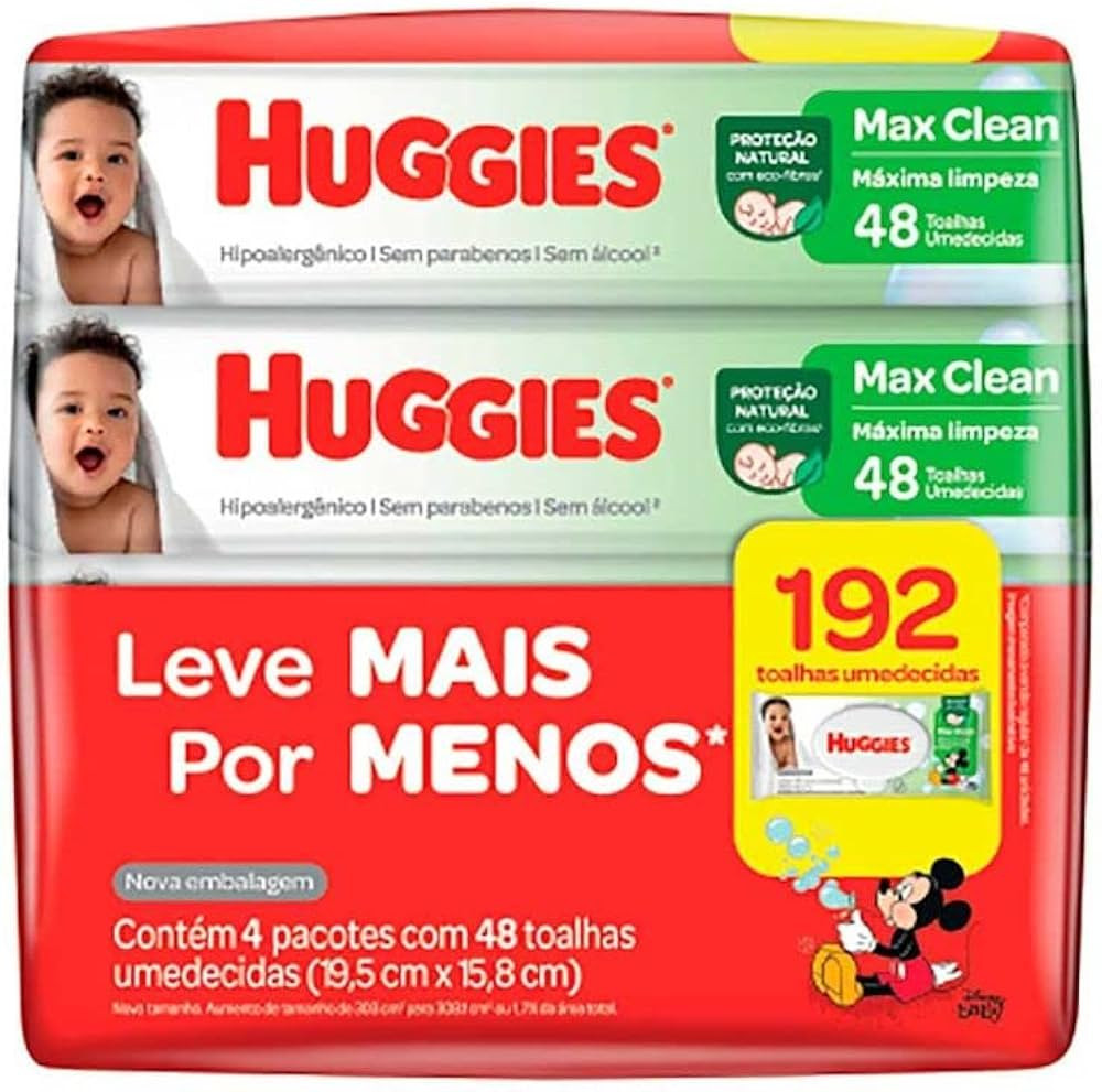 Huggies Lenços Umedecidos Max Clean, 4 pacotes com 48 toalhas - Leve 4 pague 3 | Amazon (BR)
