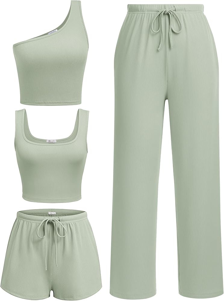 Ekouaer Womens 4 Piece Lounge Sets Ribbed Knit Crop Tank Top and Shorts Pants Casual Outfits | Amazon (US)