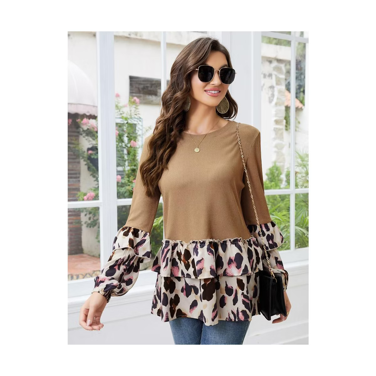 Leopard Print Tops for Women Long Sleeve Tunic Top Rib Knit Babydoll Peplum Top Blouses Ruffles S... | Target