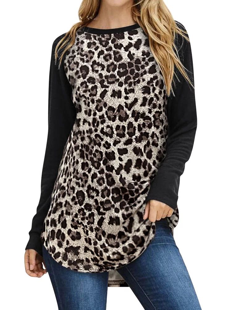 Nlife Women Long Sleeve Leopard Splicing Tunic Top - Walmart.com | Walmart (US)