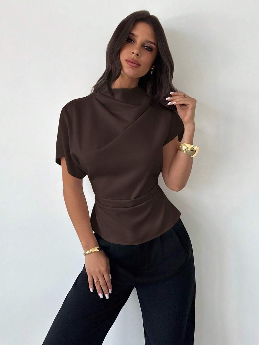 Firerie Crinkle Collar Asymmetrical Sleeve Side Ruched Cinched Waist Commuter Office Dark Brown Bamboo Linen Fabric Women Shirt, Summer Elegant | SHEIN