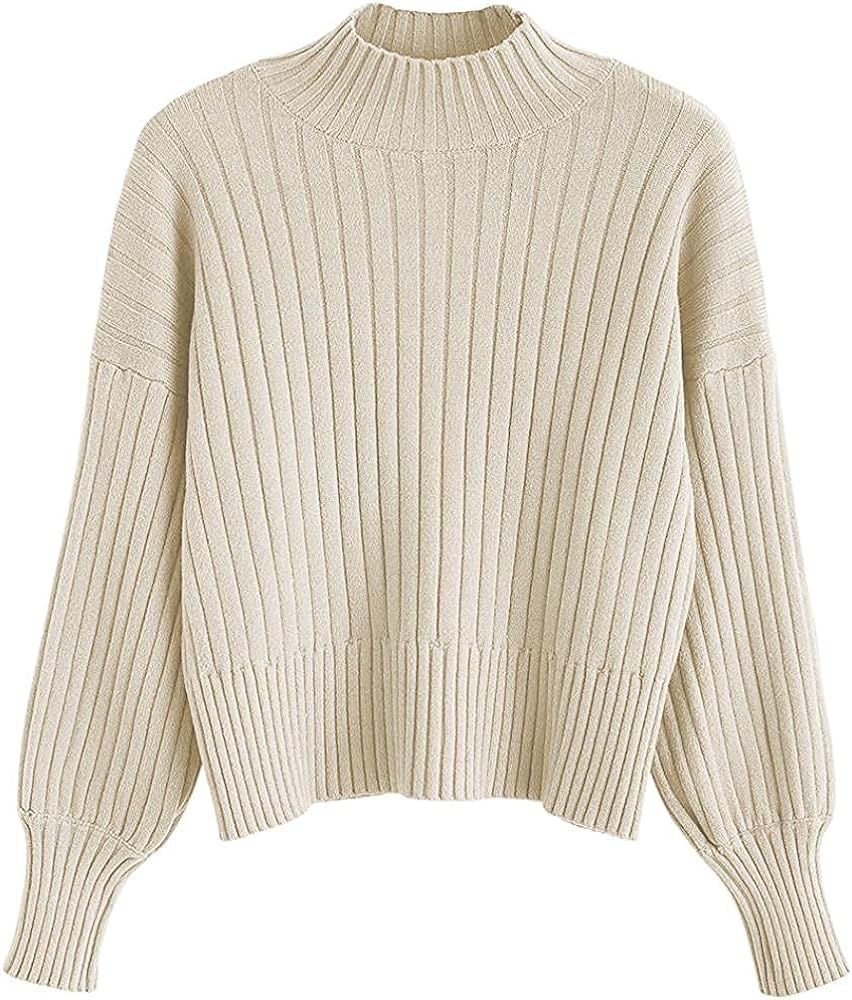 ZAFUL Women's Mock Neck Long Sleeve Basic Sweater Ribbed Knitted Solid Pullover Jumper Tops Beige... | Amazon (US)