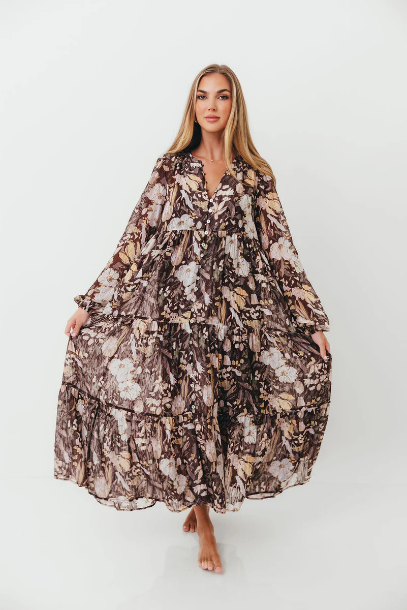 Eve Floral Print Button Front Duster Maxi W/Slip in Brown Multi - Bump | Worth Collective