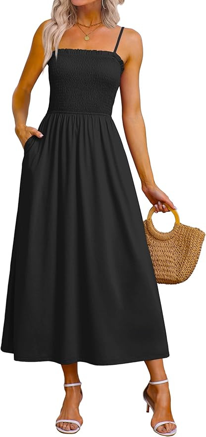 OFEEFAN Black Spaghetti Strap Maxi Dress Business Casual Spring Sundresses for Women Resort Wear ... | Amazon (US)