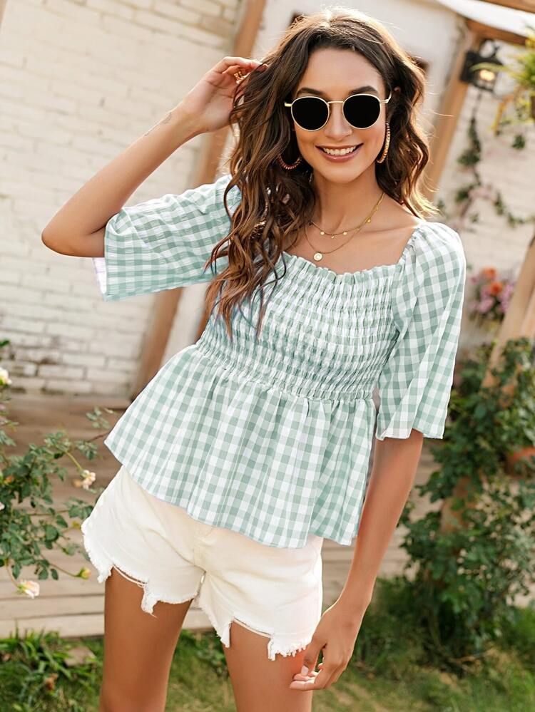 Gingham Print Shirred Peplum Top | SHEIN