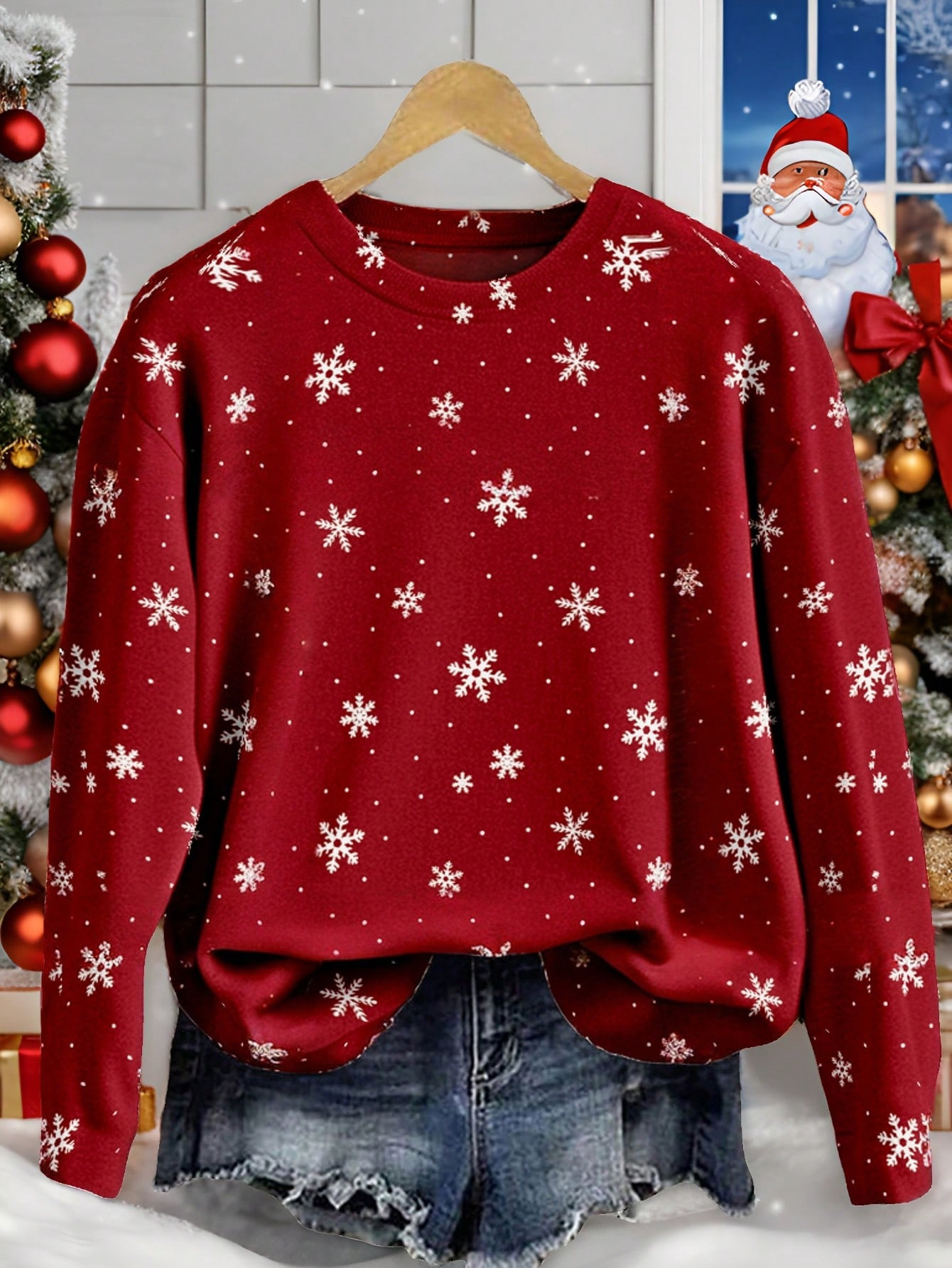 SHEIN LUNE Casual Christmas Snowflake Pattern Simple Graphic Print Round Neck Long Sleeve Loose S... | SHEIN