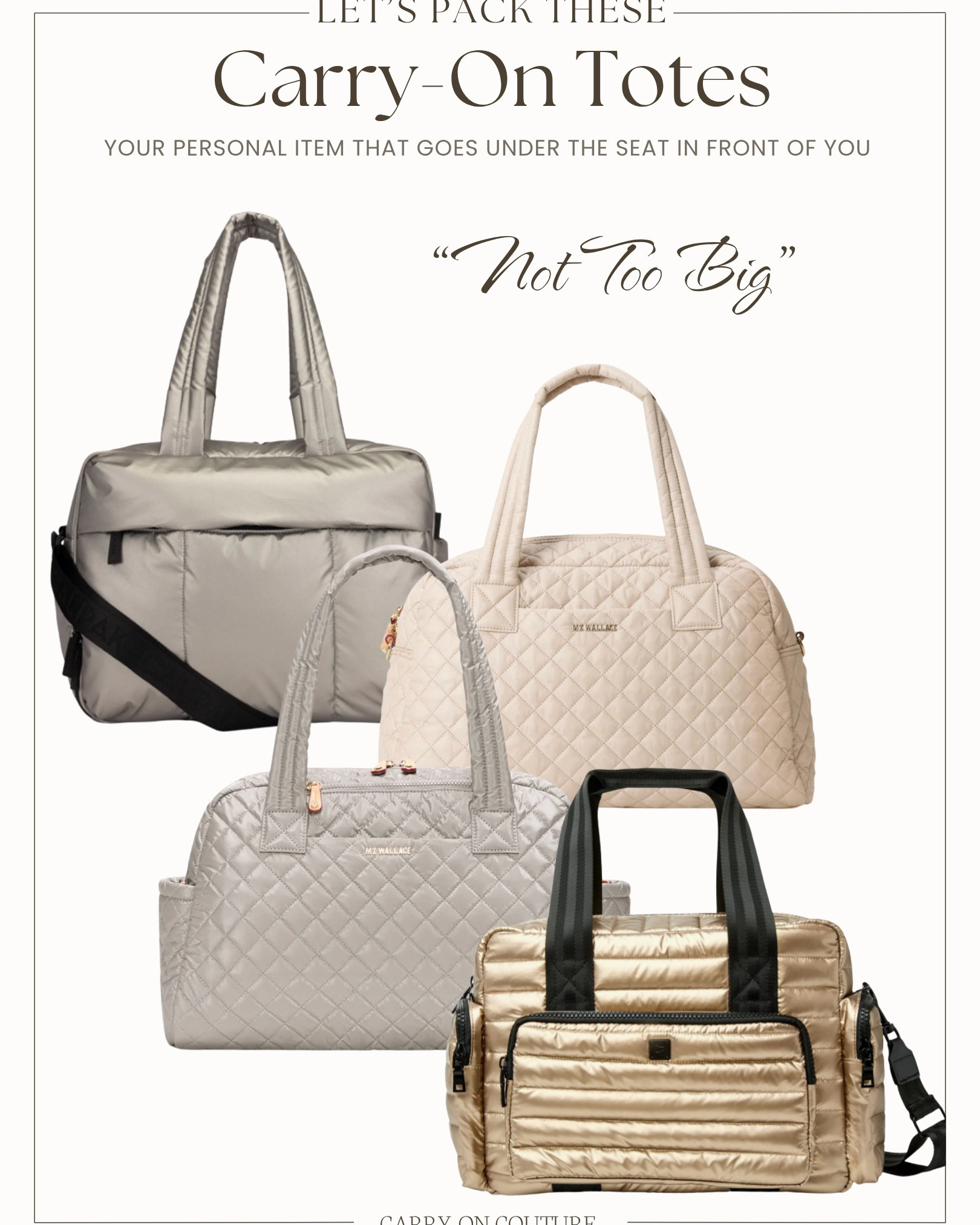 Not all totes are created equal — and if you've ever lugged an oversized one onto a flight only to discover it doesn't fit under the seat, you know exactly what I mean.

These four actually fit.

The Calpak Luka, the MZ Wallace Jimmy, the MZ Wallace Jimmy Deluxe, and the Think Royln Voyager are all sized to slide under the seat in front of you — which means your carry-on stays in the overhead, and everything you actually need mid-flight is right at your feet.

I see too many "travel totes" that are enormous. Great for the aesthetic, useless for under the seat. These definitely aren't that…and they’re gorgeous!

#LTKOver40 #LTKTravel