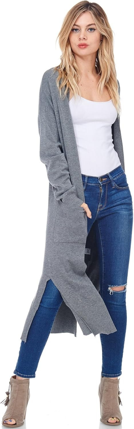 Alexander + David Womens Casual Longline Knit Cardigan Loose Sweater Side Slit | Amazon (US)