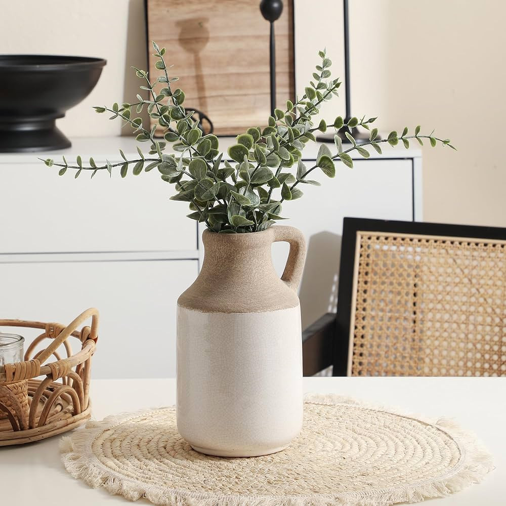 White Vase with Handle & 10Pcs Artificial Eucalyptus Leaves, 9" Ceramic Vases Home Decor Rustic F... | Amazon (US)