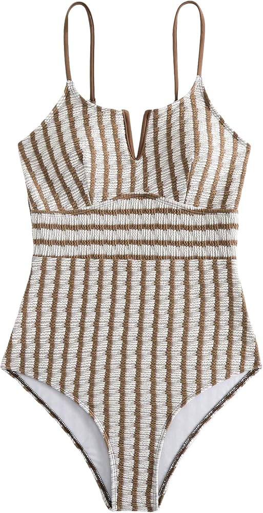 MakeMeChic Women's One Piece Swimsuit Striped Sleeveless Tummy Control Bathing Suit Swimwear | Amazon (US)
