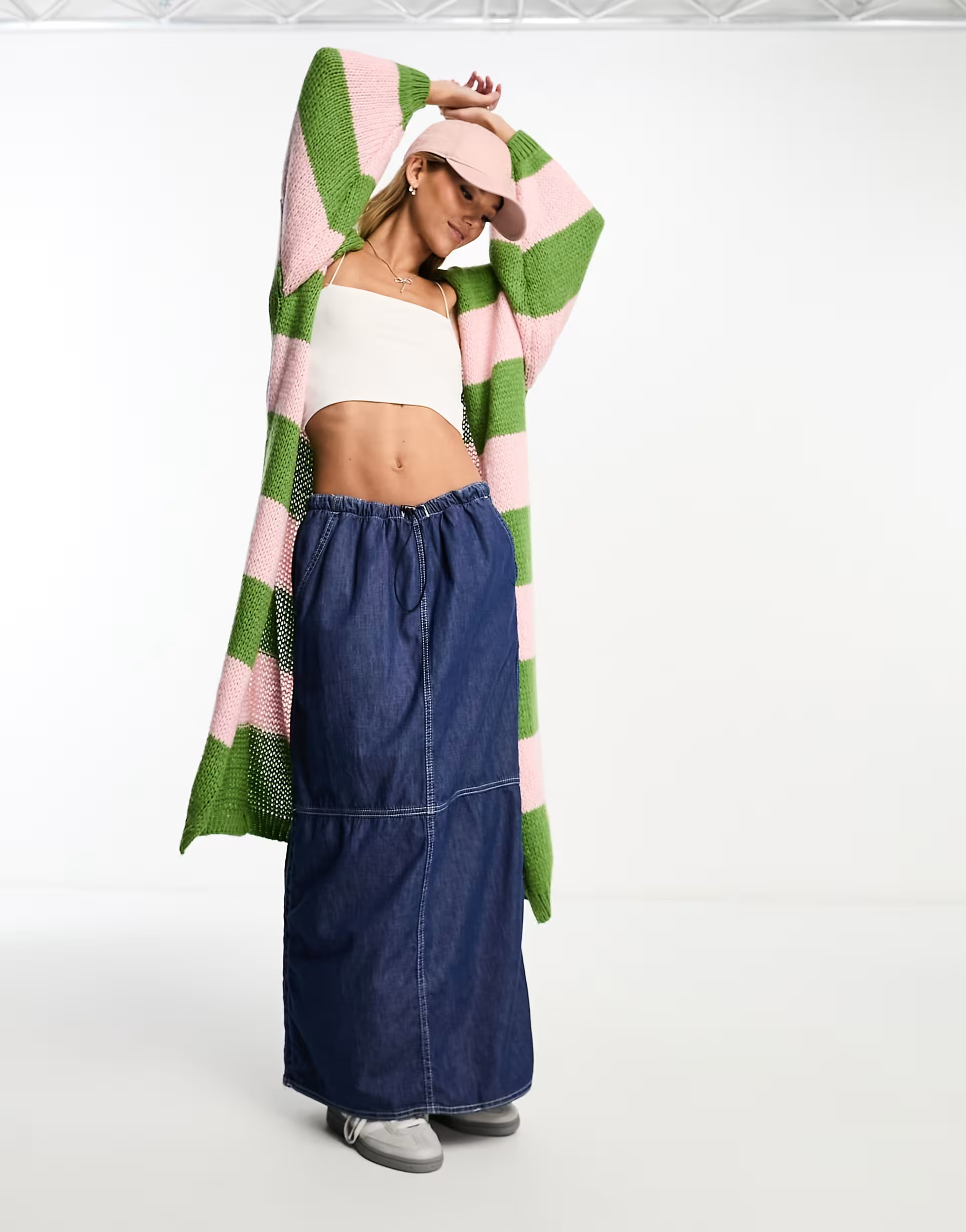 ASOS DESIGN knitted striped longline cardigan in pink and khaki | ASOS (Global)