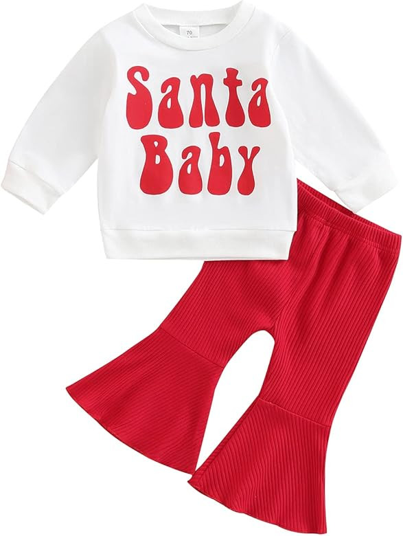 Madjtlqy Toddler Baby Girl Christmas Outfit Santa Long Sleeve Sweatshirt Top Bell Bottoms Pants S... | Amazon (US)