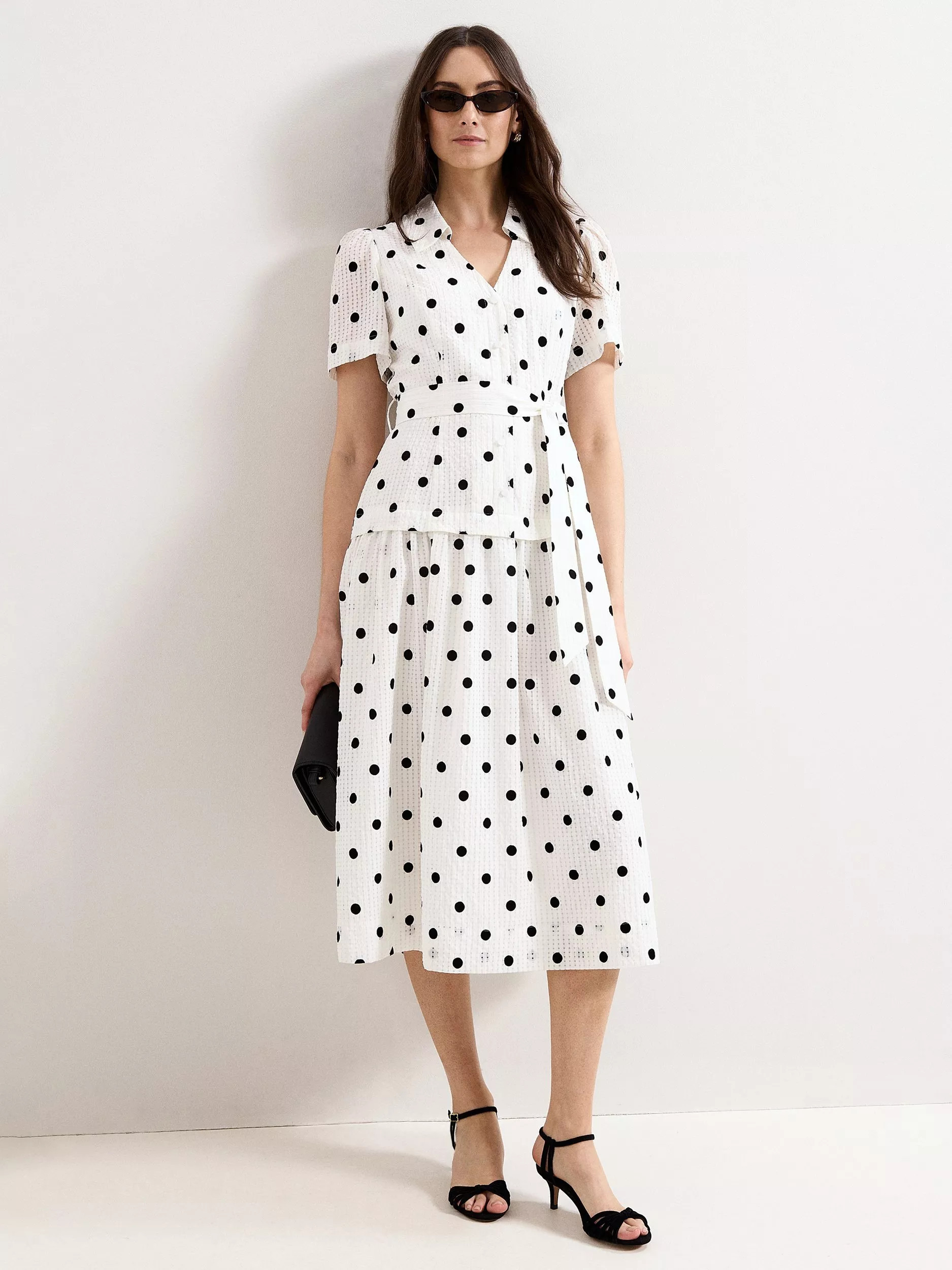 Phase Eight Adele Spot Textured Swing Dress, Black/Ivory | John Lewis (UK)