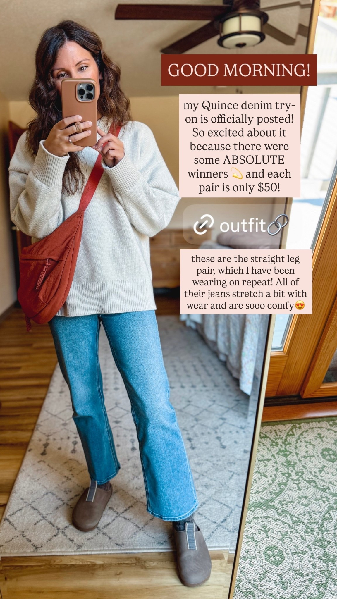 GOOD MORNING! these are the straight leg pair, which I have been wearing on repeat! All of their jeans stretch a bit with wear and are sooo comfy😍 my Quince denim try-on is officially posted! So excited about it because there were some ABSOLUTE winners 💫 and each pair is only $50! @onequince