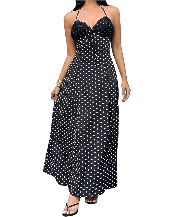 Milumia Women's Polka Dots Backless Halter Maxi Dress Lace Patchwork Summer Wedding Guest Dresses | Amazon (US)