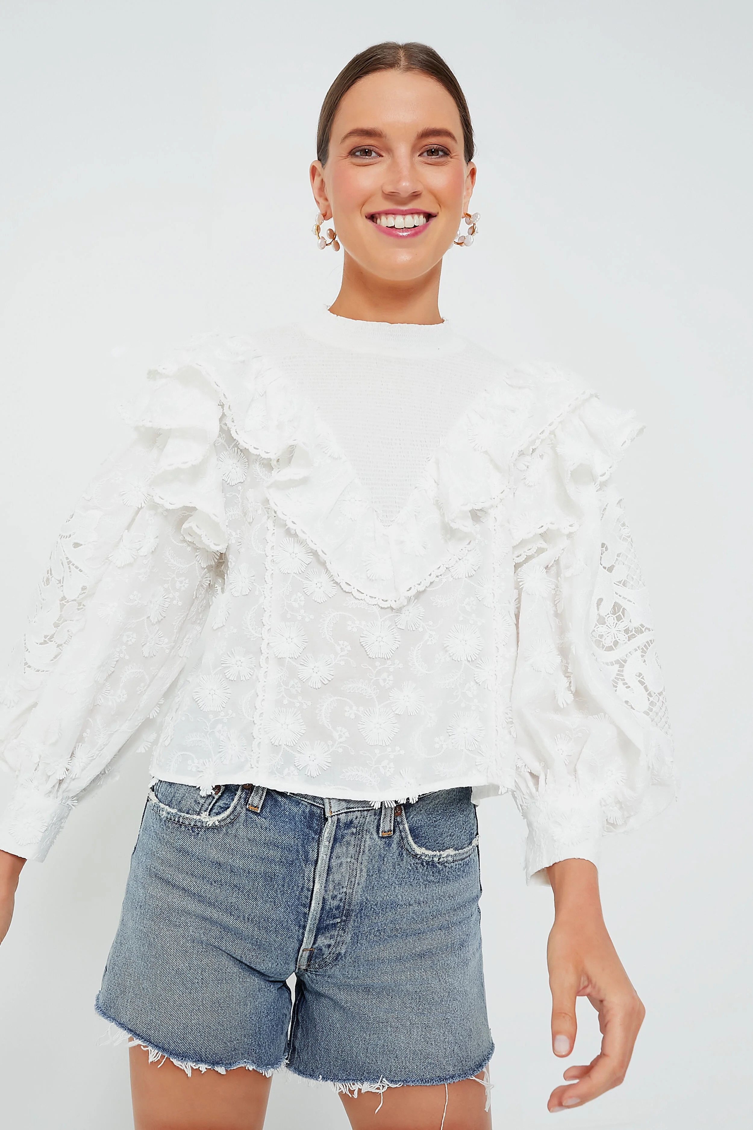 Off White Smocked Yoke 3D Flower Blouse | Tuckernuck (US)