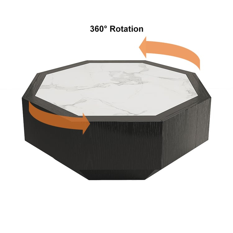Wood Octagonal Coffee Table Rotating in Black with 2 Drawers Sintered Stone Top | Homary