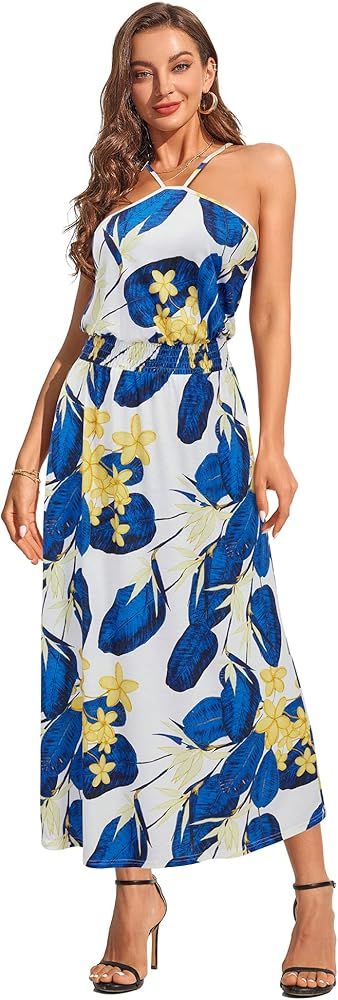 II ININ Women's Casual Summer Spaghetti Strap Floral Maxi Dress Sleeveless Halter Beach Sundress ... | Amazon (US)