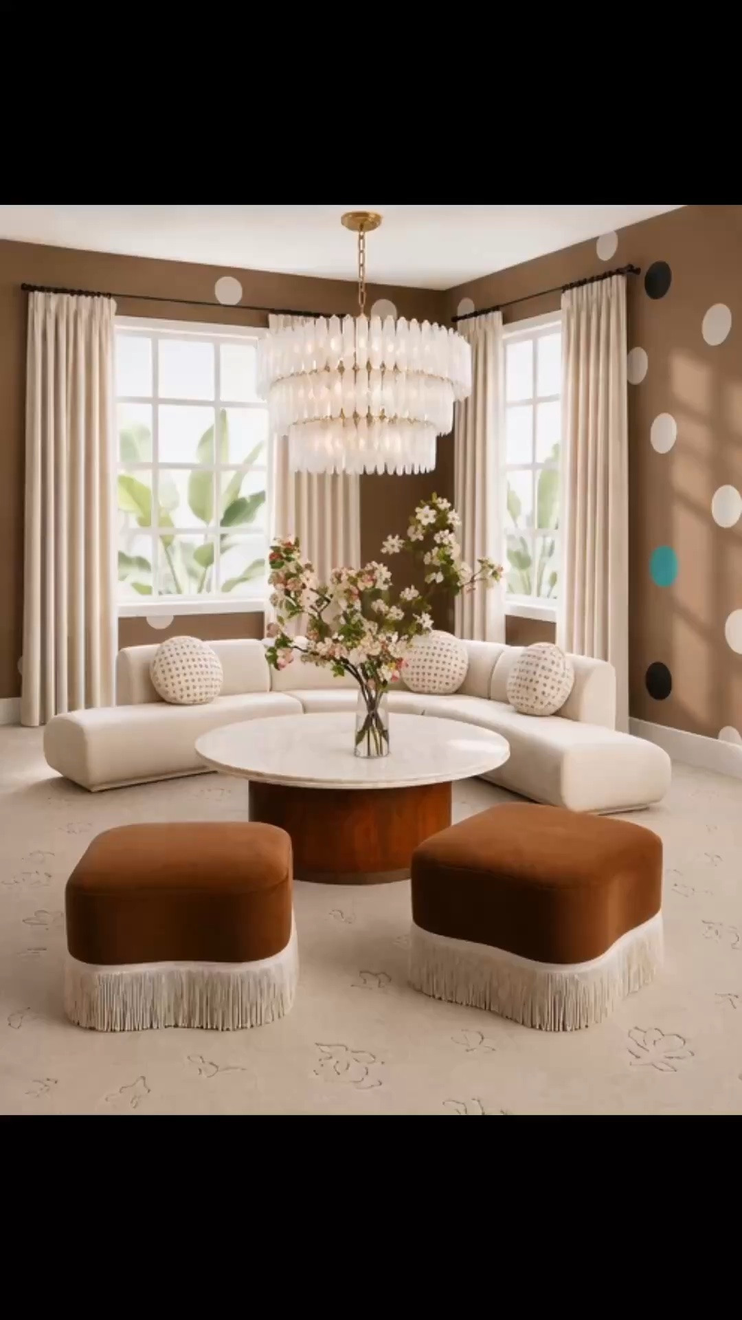 How do you make a spacious living room feel warm, connected, and inviting?

Start by creating a conversation area in the center of the room.

The sculptural Arhaus Gianni Curved Bumper Sectional floats beautifully within the space, gently wrapping around the round coffee table to create a natural place for gathering. Two velvet Arhaus Barbey Ottomans add flexible seating, rich texture, and a warm mocha tone that feels especially inviting as we transition toward fall.

Above, the handmade Arhaus Verna Chandelier becomes a dramatic focal point, layering swirled glass with softly aged brass. Tailored French-pleated linen drapes frame the windows and filter the sunshine, while the Narsi hand-knotted wool rug from Lulu and Georgia quietly defines the entire seating area.

The playful polka-dot wallpaper keeps the neutral palette from feeling too serious, and the Diane James Home floral arrangement adds height, movement, and a graceful finishing touch.

With Labor Day home sales approaching, it’s the perfect time to save the statement pieces that can make gathering season feel even more special.

#LivingRoomDesign #ConversationArea #CurvedSectional #Arhaus #GianniSectional #VernaChandelier #BarbeyOttoman #RoundCoffeeTable #LuluAndGeorgia #NarsiRug #HandKnottedRug #DianeJamesHome #FauxFlorals #FrenchPleatDrapes #LinenDrapes #WindowTreatments #PolkaDotWallpaper #FallHome #GatheringSeason #LaborDaySale #ModernClassic #InteriorDesign #LTKHome #LTKdayinmylife #LTKSaleAlert

#LTKdayinmylife #LTKHome #LTKSaleAlert