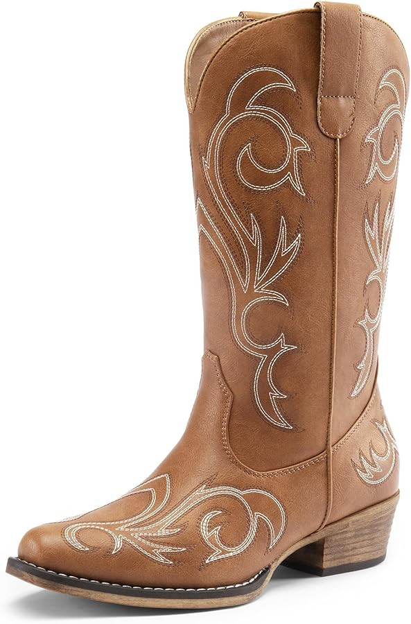 DREAM PAIRS Women's Cowboy Boots Mid Calf Cowgirl Boots Square Toe Chunky Heel Embroidery Stitche... | Amazon (US)