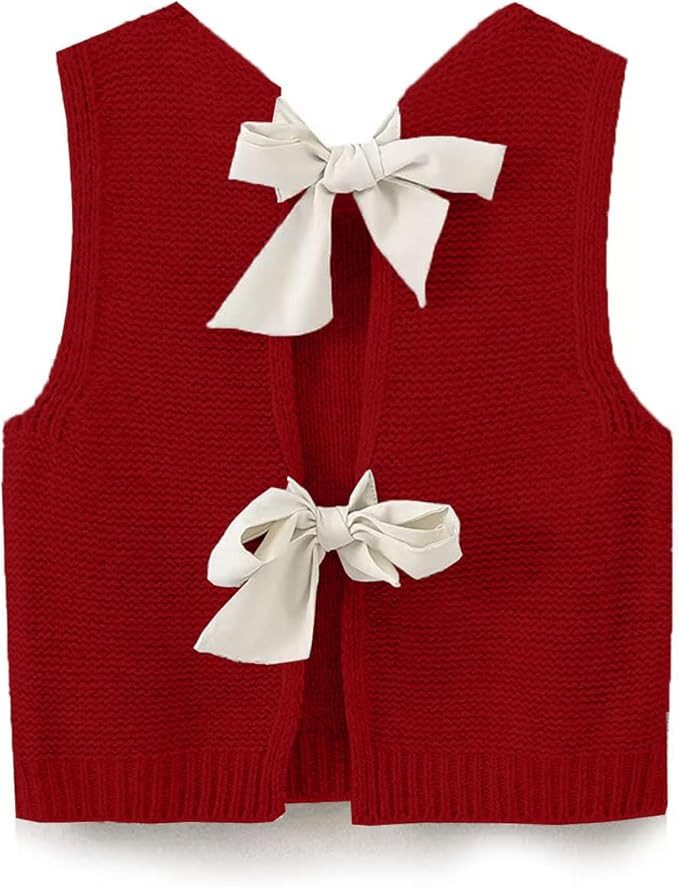 Awoscut Women Knitted Sweater Vest Tie Back Crochet Tops Casual Cropped Knit Tank Tops 2024 Fall ... | Amazon (US)
