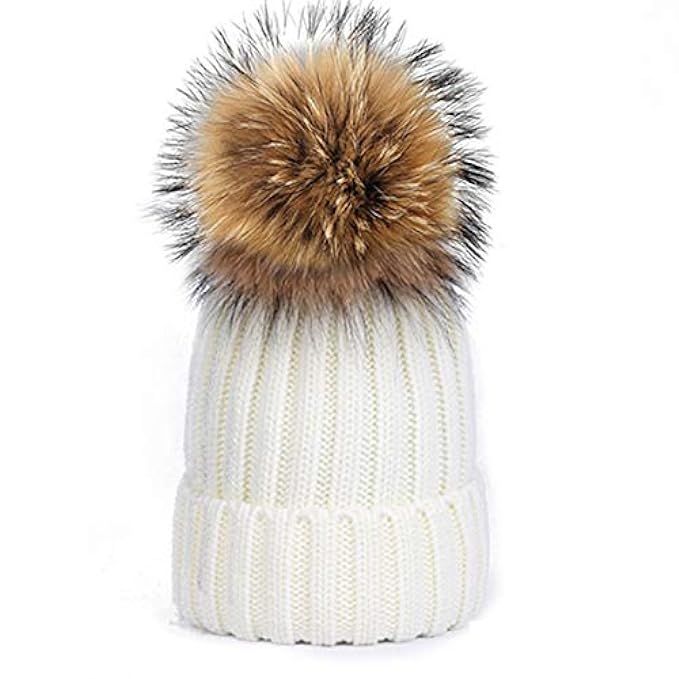 WaySoft Mother-Child Matching Genuine Fur Pom Pom Beanie – Pom Pom Hat with Genuine Pom Poms | Amazon (US)