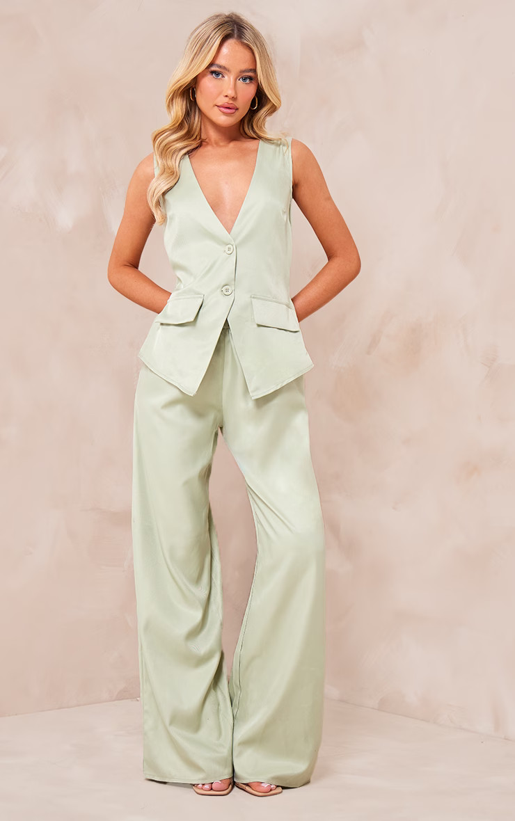 Sage Green Vest Tailored Wide Leg Jumpsuit | PrettyLittleThing US