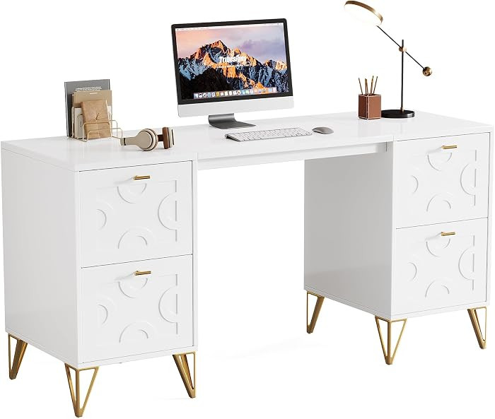 Tribesigns White Desk with Drawers, 59'' Modern Office Desk Writing Office Table, Aesthetic Work ... | Amazon (US)