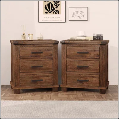 Rustic Three Drawer Reclaimed Solid Wood Farmhouse Nightstand, Set of Two, Perfect for Storage and Style in Any Bedroom | Wayfair North America