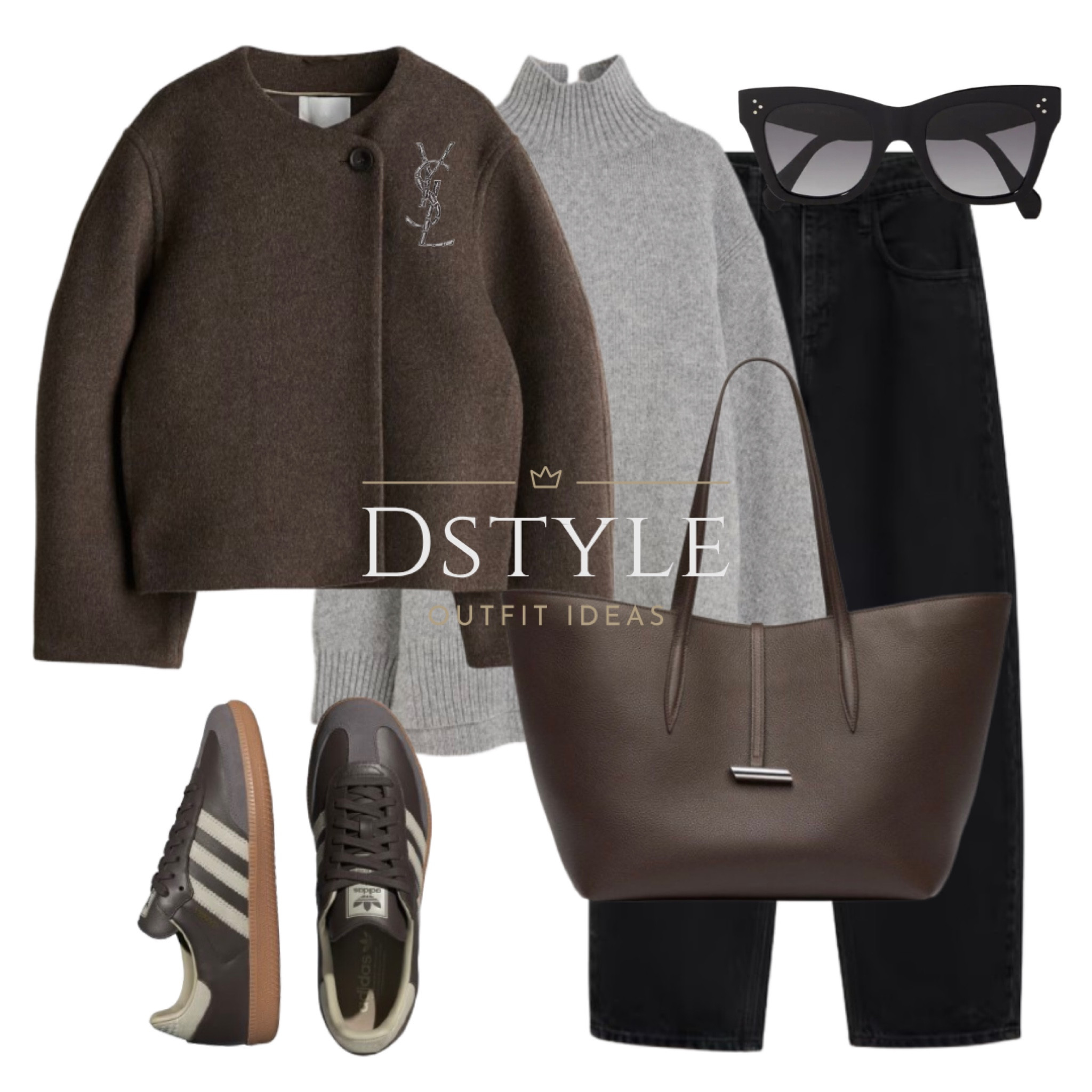 Dark brown wool blend jacket, black balloon jeans, grey sweater/jumper, dark brown tote bag, Adidas Samba in dark brown and grey, CELINE sunglasses, YSL silvertone brooch

#LTKShoeCrush #LTKWorkwear #LTKItBag
